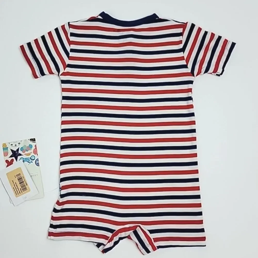 Kickee Pants Henley Romper in Print USA Stripe Red White Blue 3-6M‎ FLAWS